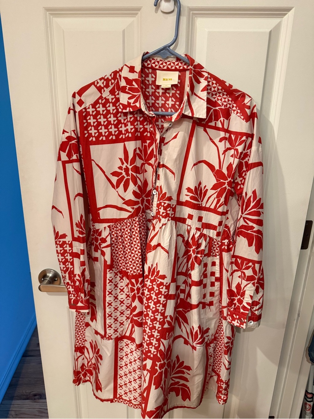 Red & White Printed Shirt Dress by